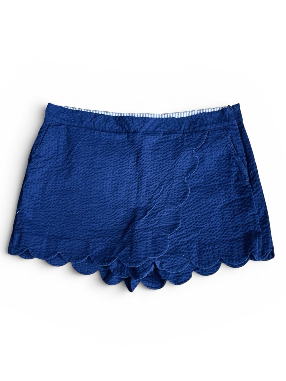 Vineyard Vines Women’s Sz 14 Navy Blue Faux Wrap Skort Scallop Hem Seersucker